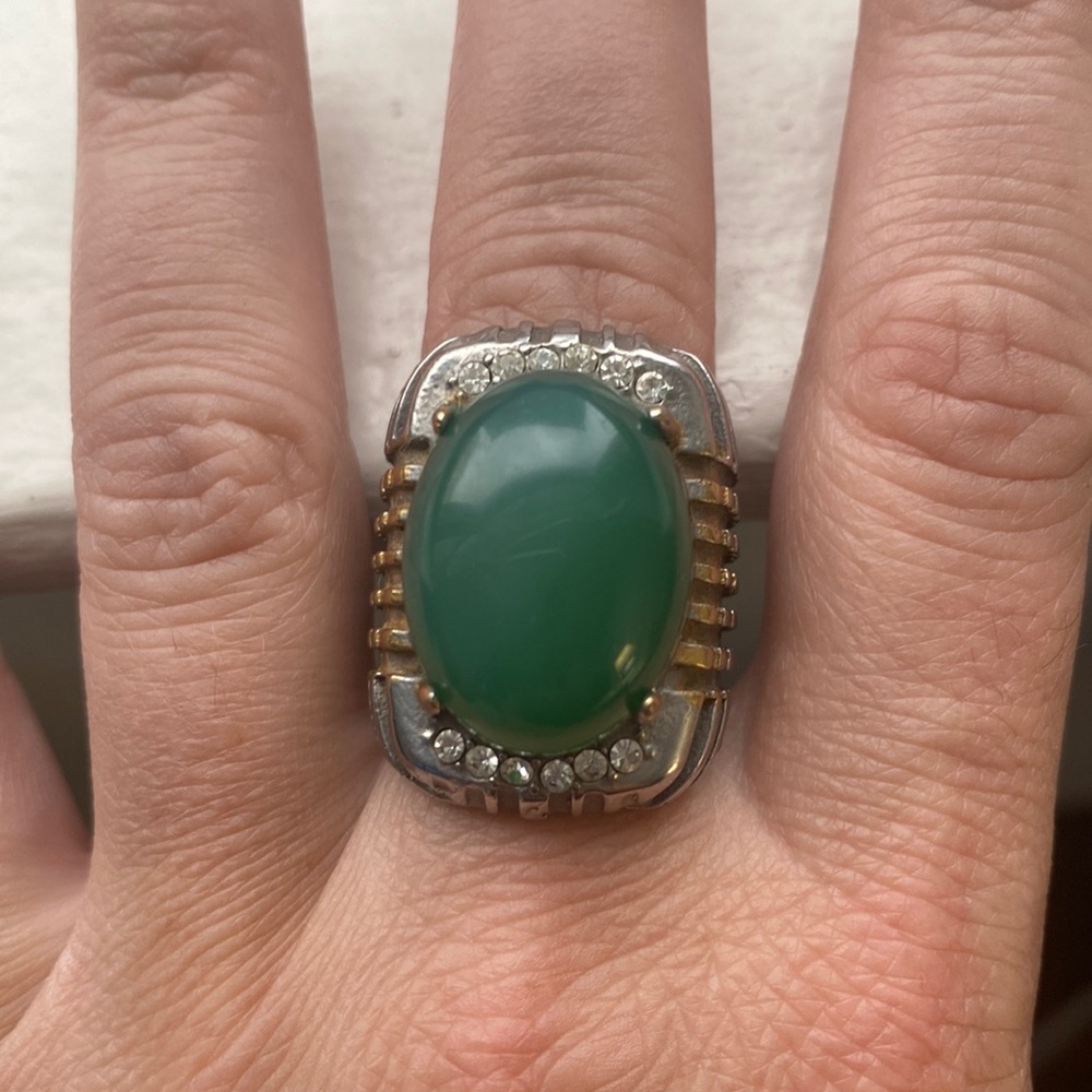 Vintage Stainless Steel Green Stone Mens Ring